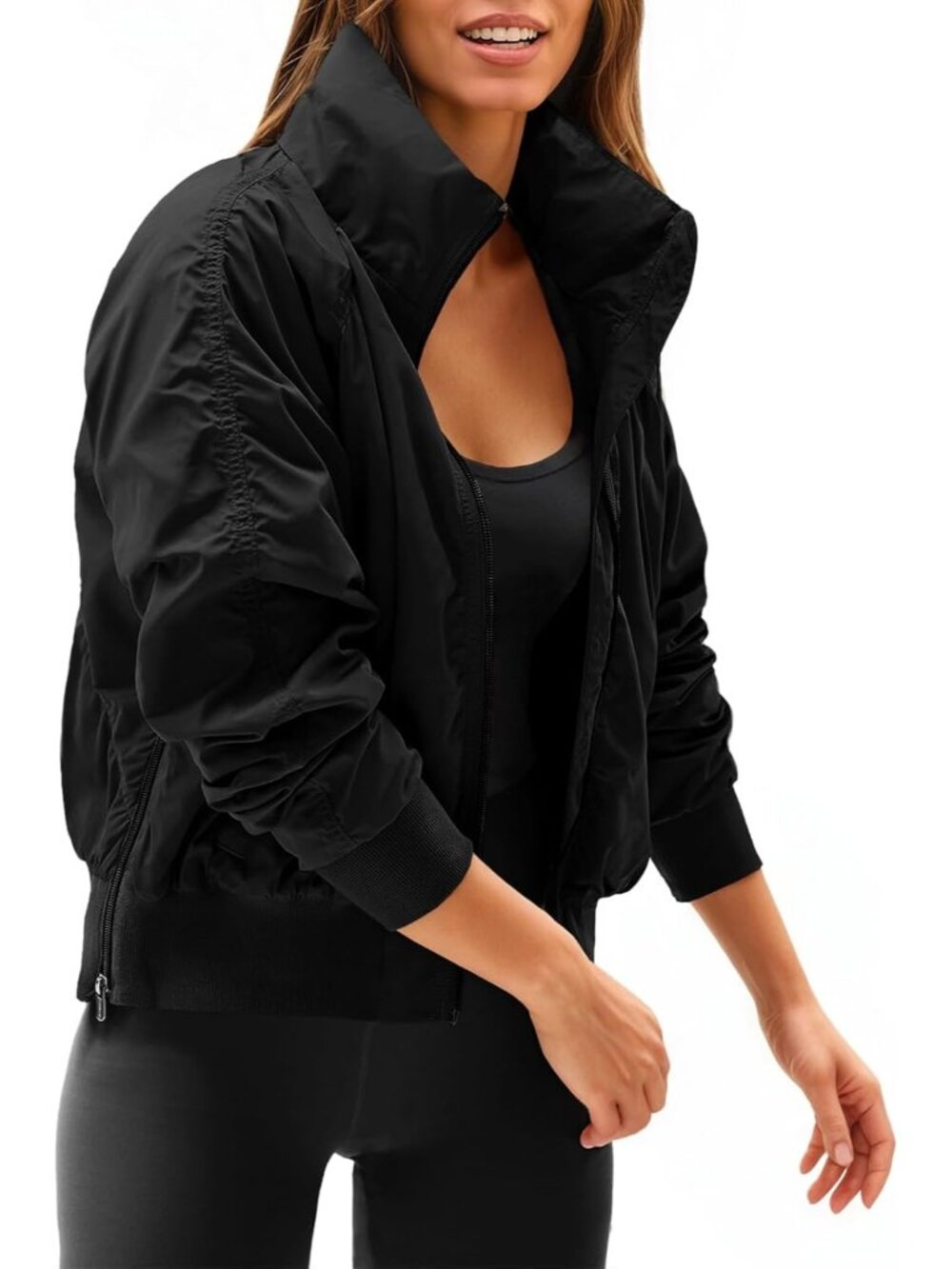 Women Black Polyester Hidden Hooded Long Sleeve Zip Up Pocket Bomber Jacket